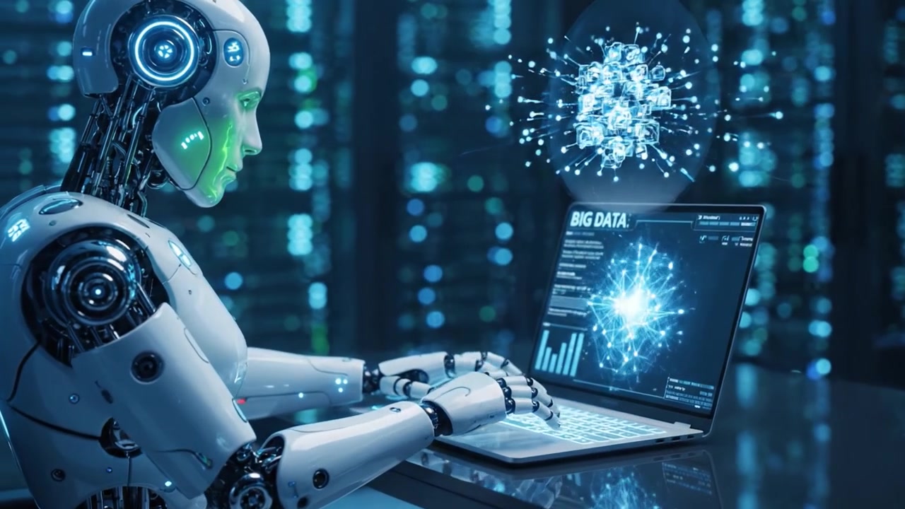 An Advanced Cybernetic Robot Analyzing Big Data Through High-Tech Interfaces in a Futuristic Server Room Environment