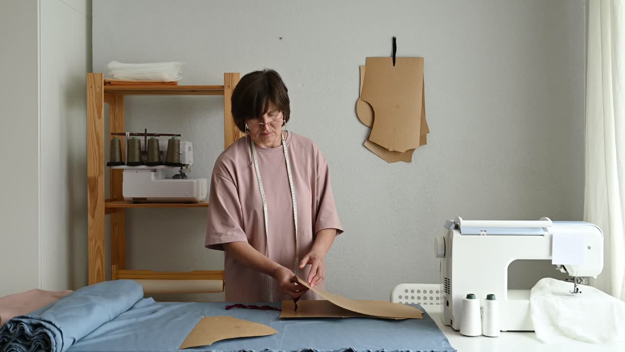 costurera haciendo patrones de ropa en el taller