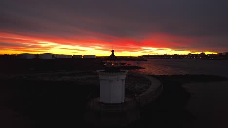 portland breakwater lighthouse, aerial rising at sunset in portland, maine winter