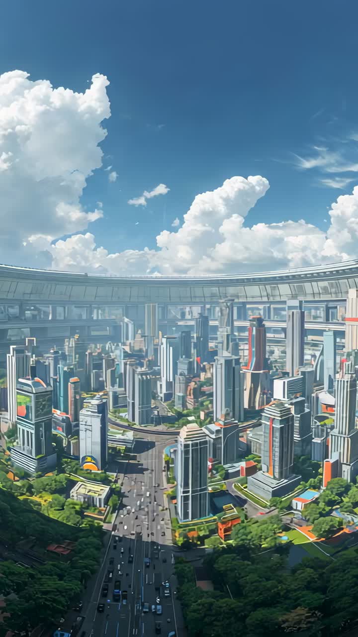 Vertical video: Tilting drone showing future city over main avenue to frame core under horizon ring