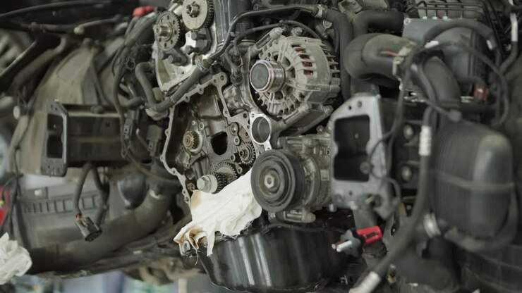 Disassembled Car Engine in Repair Shop