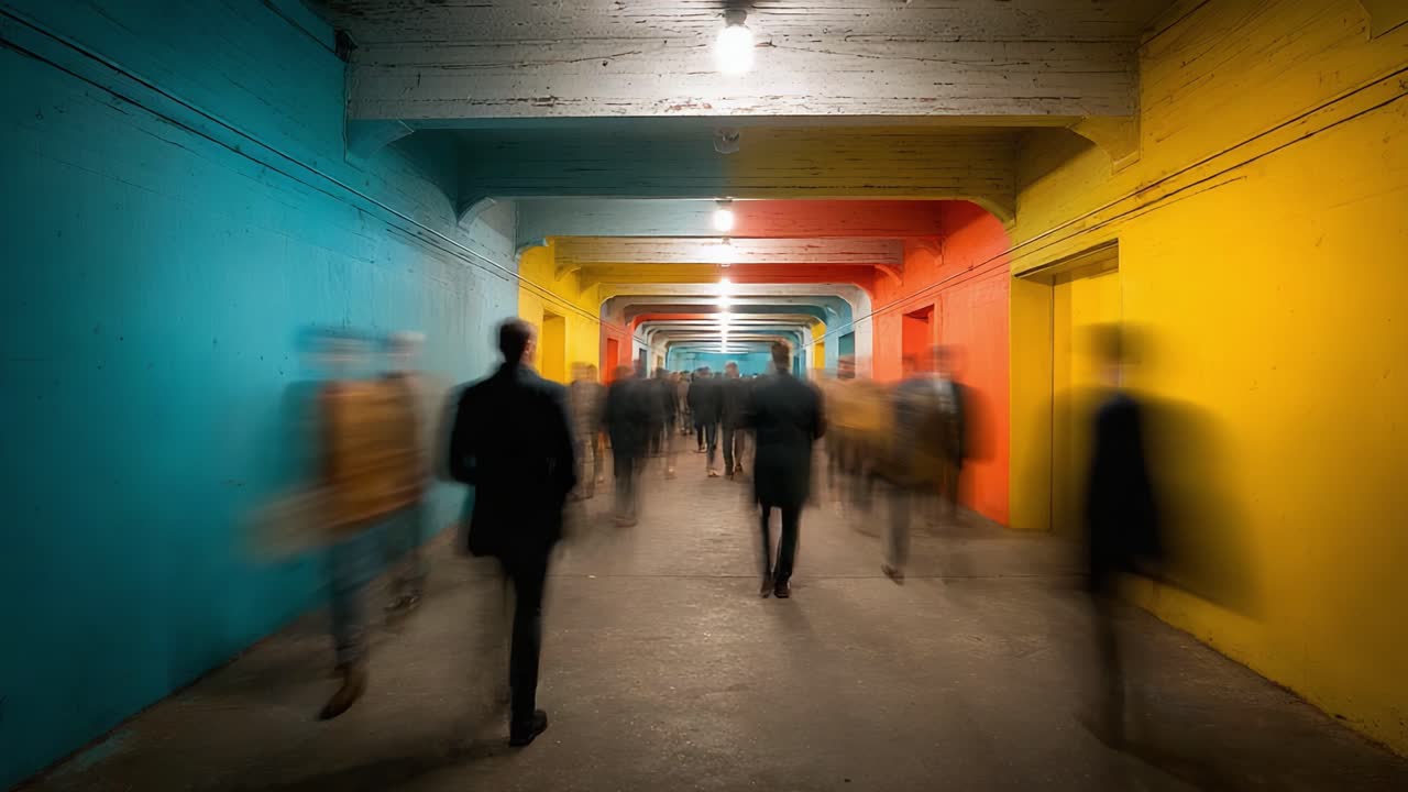 A dynamic view of a vibrant corridor filled with abstract movements; people pass through a colorful space, with blue, yellow, and red walls creating a visually engaging experience