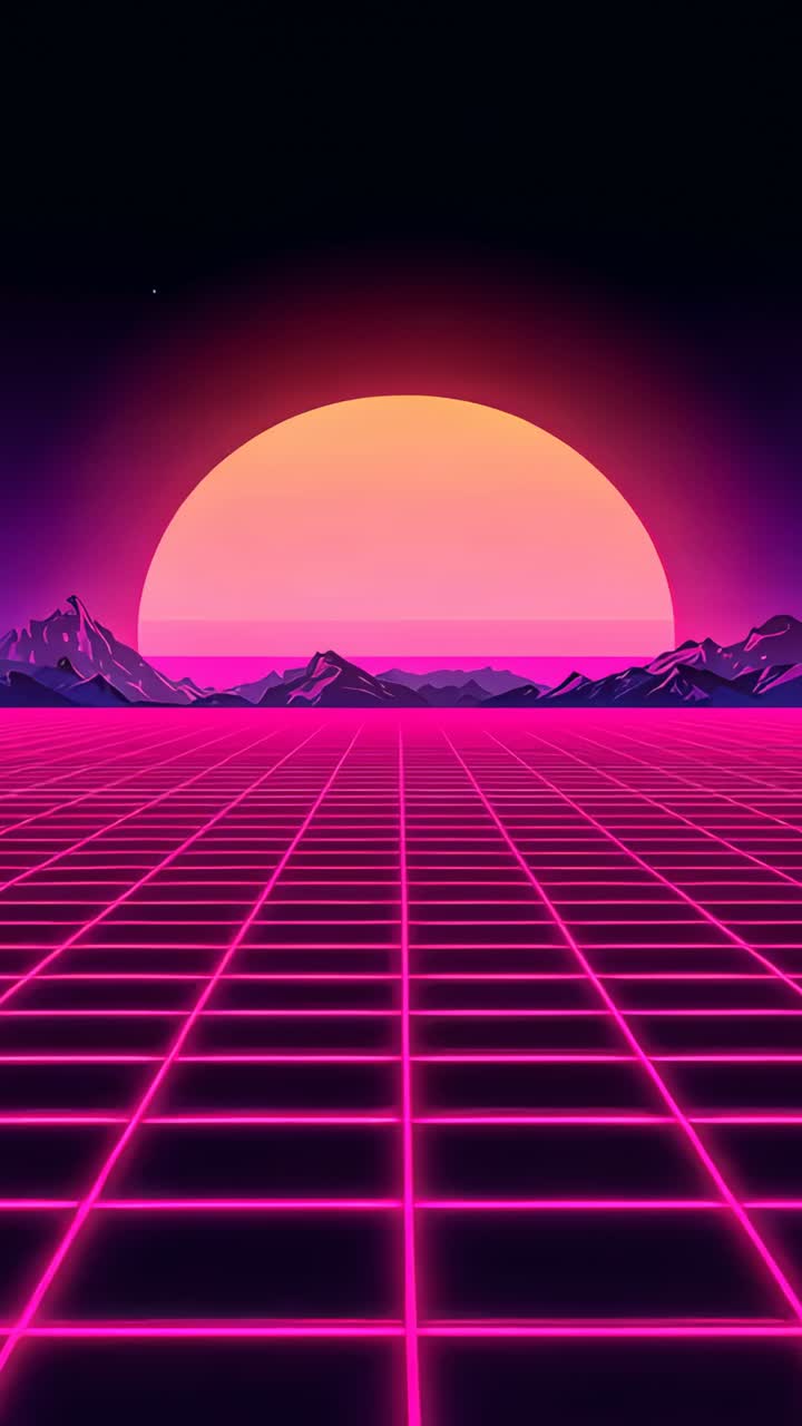 Vertical video: Playing loop showing glowing sun filling horizon, lighting peaks and magenta grid