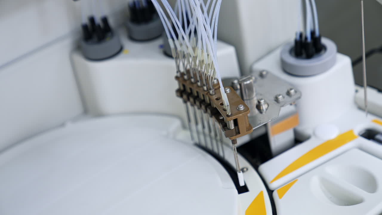Advanced equipment carrying science testing in the modern laboratory. Close up. View from top. Blurred backdrop.