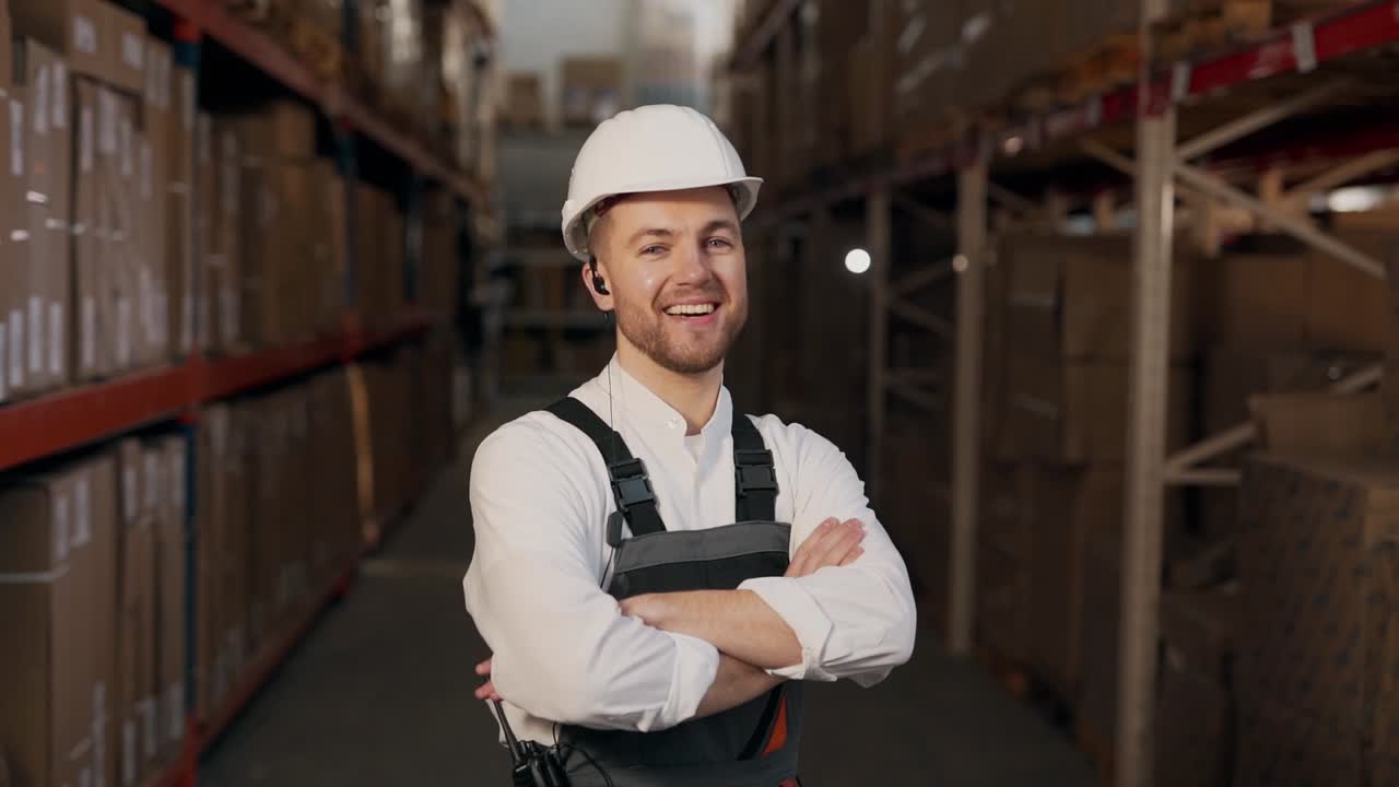 Ritratto di un bell'uomo sorridente in uniforme da lavoro su uno sfondo di scaffali con scatole