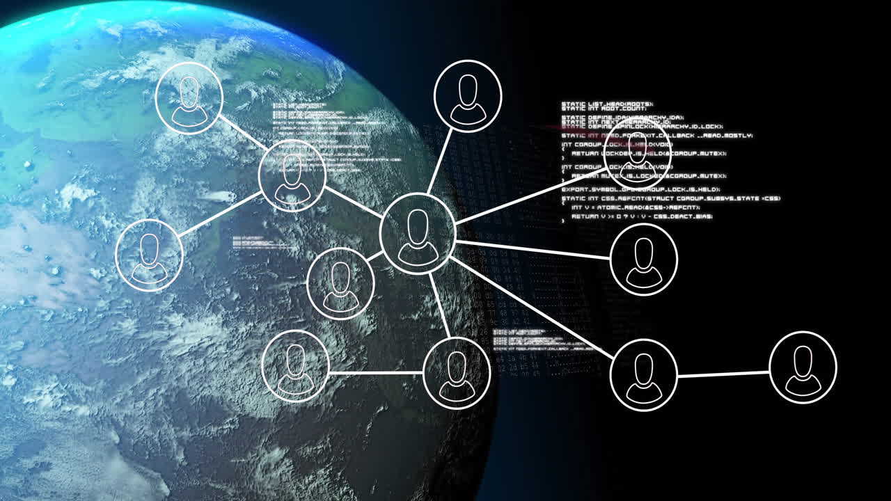 전 세계 사람들과의 연결 네트워크의 애니메이션 아이콘과 데이터 처리