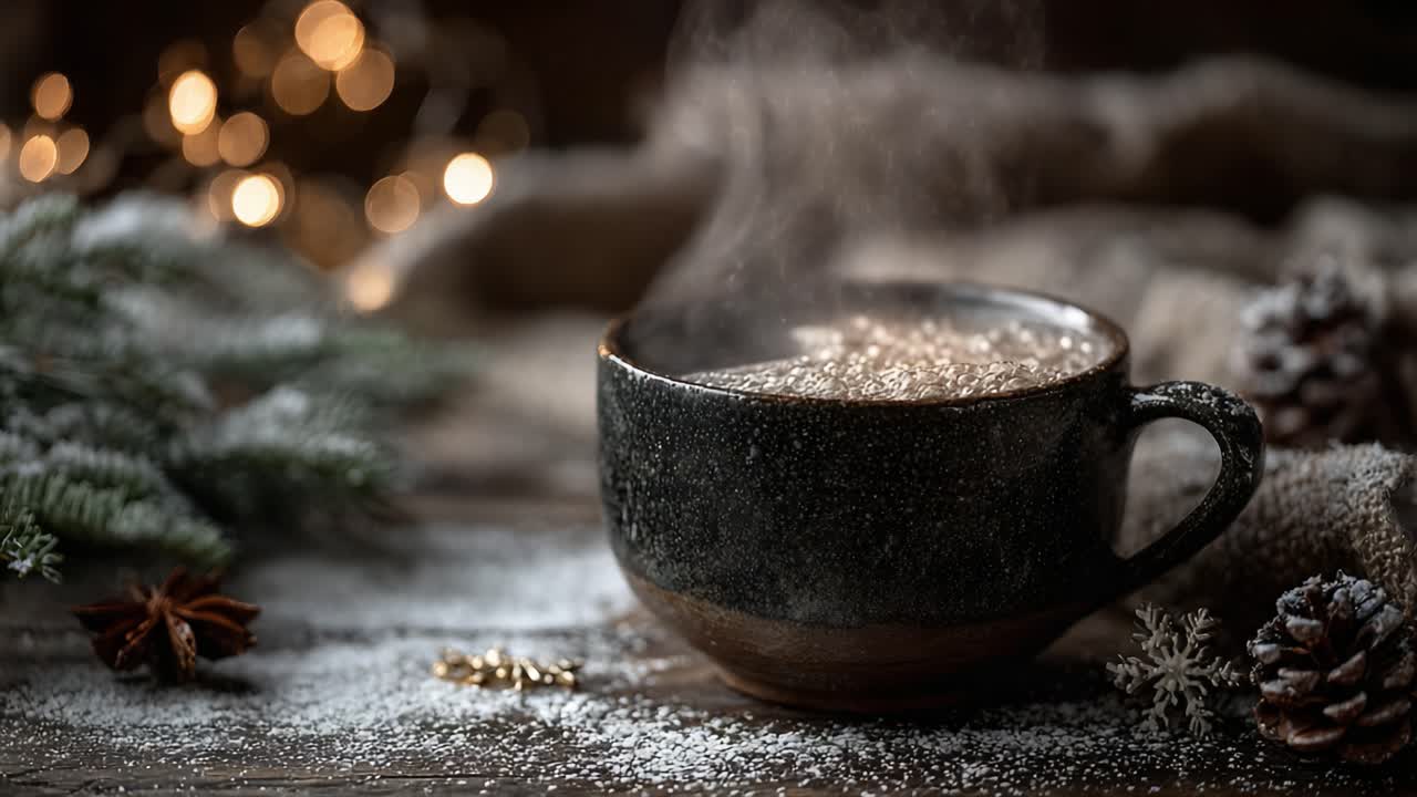 A cozy moment captured: Enjoying a warm mug of steaming beverage surrounded by festive decor and winter elements, evoking comfort and tranquility