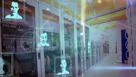 animación de la red de conexiones con fotos biométricas y procesamiento de datos a través de servidores informáticos
