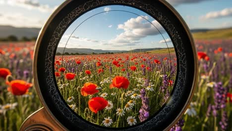 a vibrant floral landscape through a circular lens: captivating wildflower meadows with red poppies and lavender beneath a blue sky
