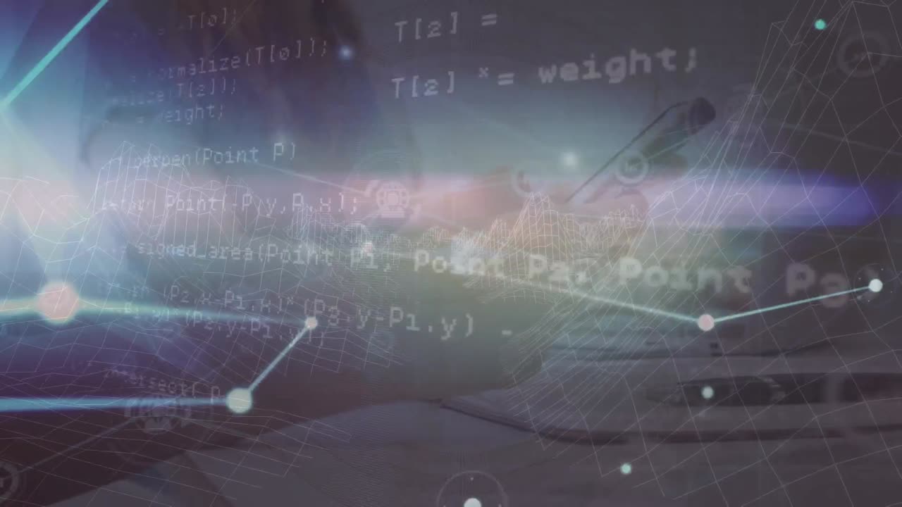 스마트 폰을 사용하는 백인 여성에 대한 데이터 처리와 연결 네트워크의 애니메이션