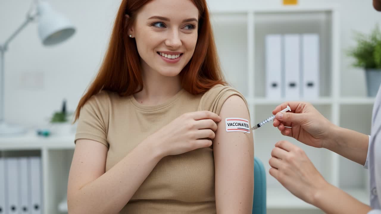 A Young Woman Shows Off Her Vaccination Sticker with a Smile While Receiving an Injection in a Bright, Modern Medical Setting