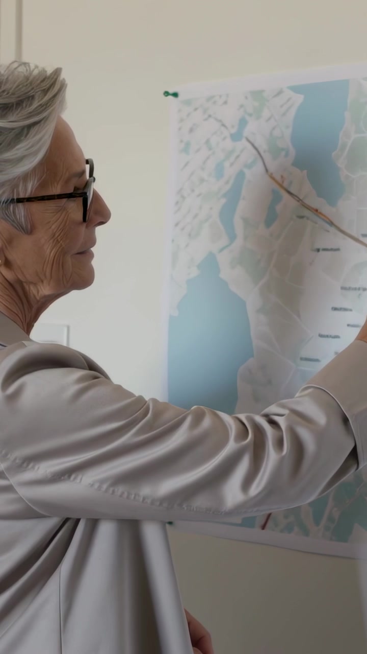 Vertikal video: Ankommende senior i blazer peger på kort på kontor, planlægger rute, plads til tekst