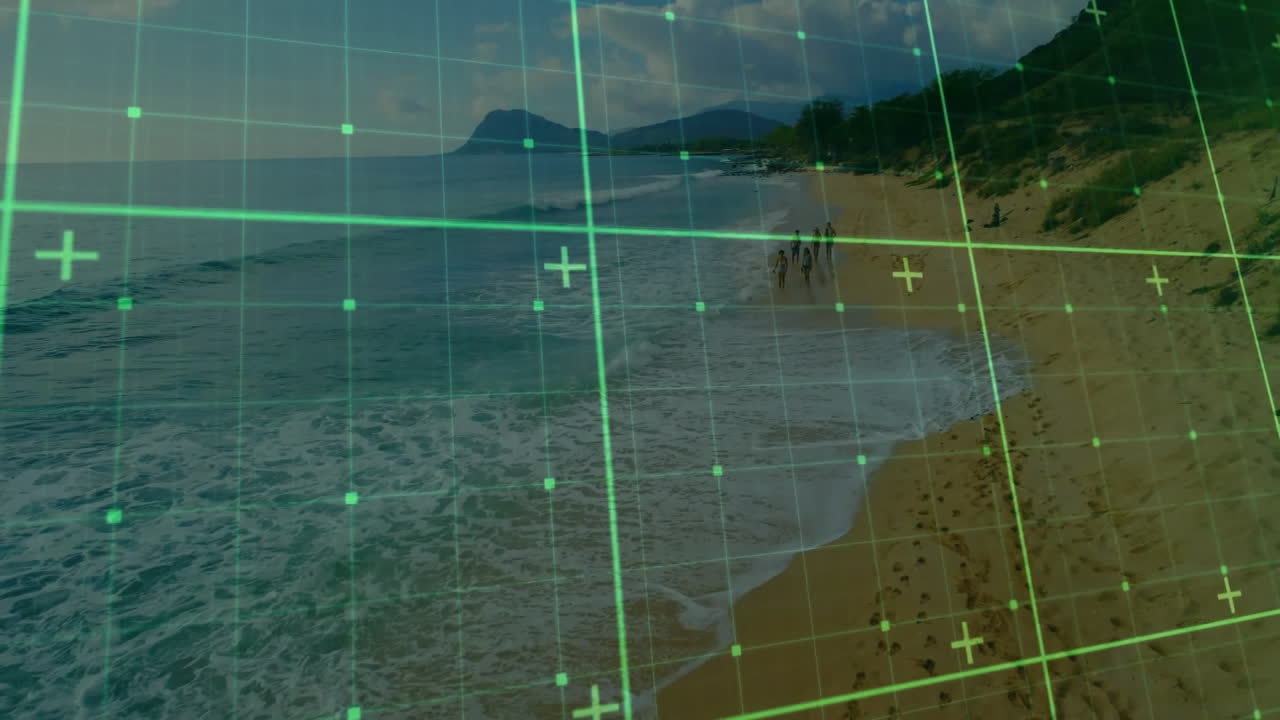 Grid overlay animation over beach scene with people walking along shoreline