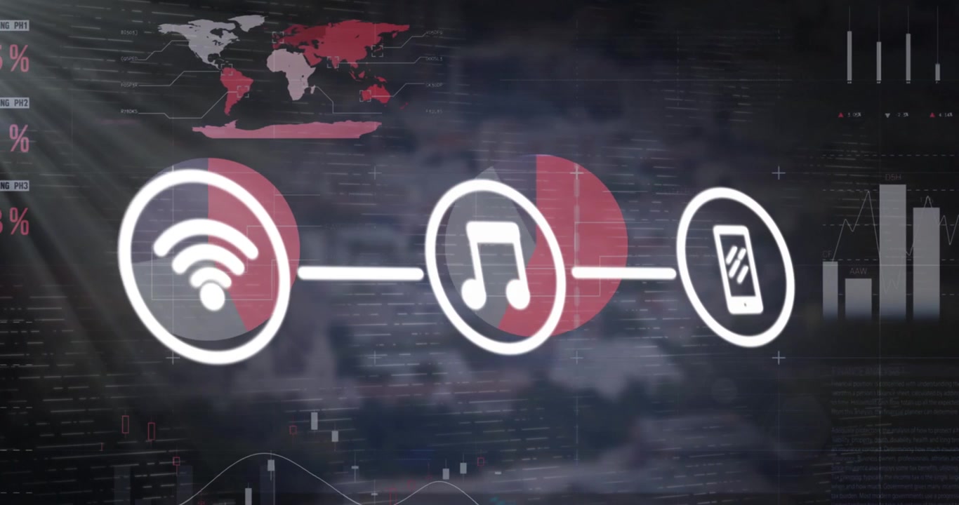 Animação de rede de ícones digitais sobre processamento de dados estatísticos em fundo cinza