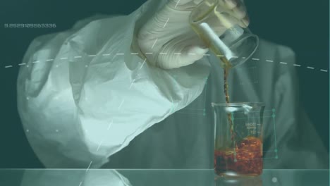 animation of data processing over caucasian scientist pouring liquid into beaker