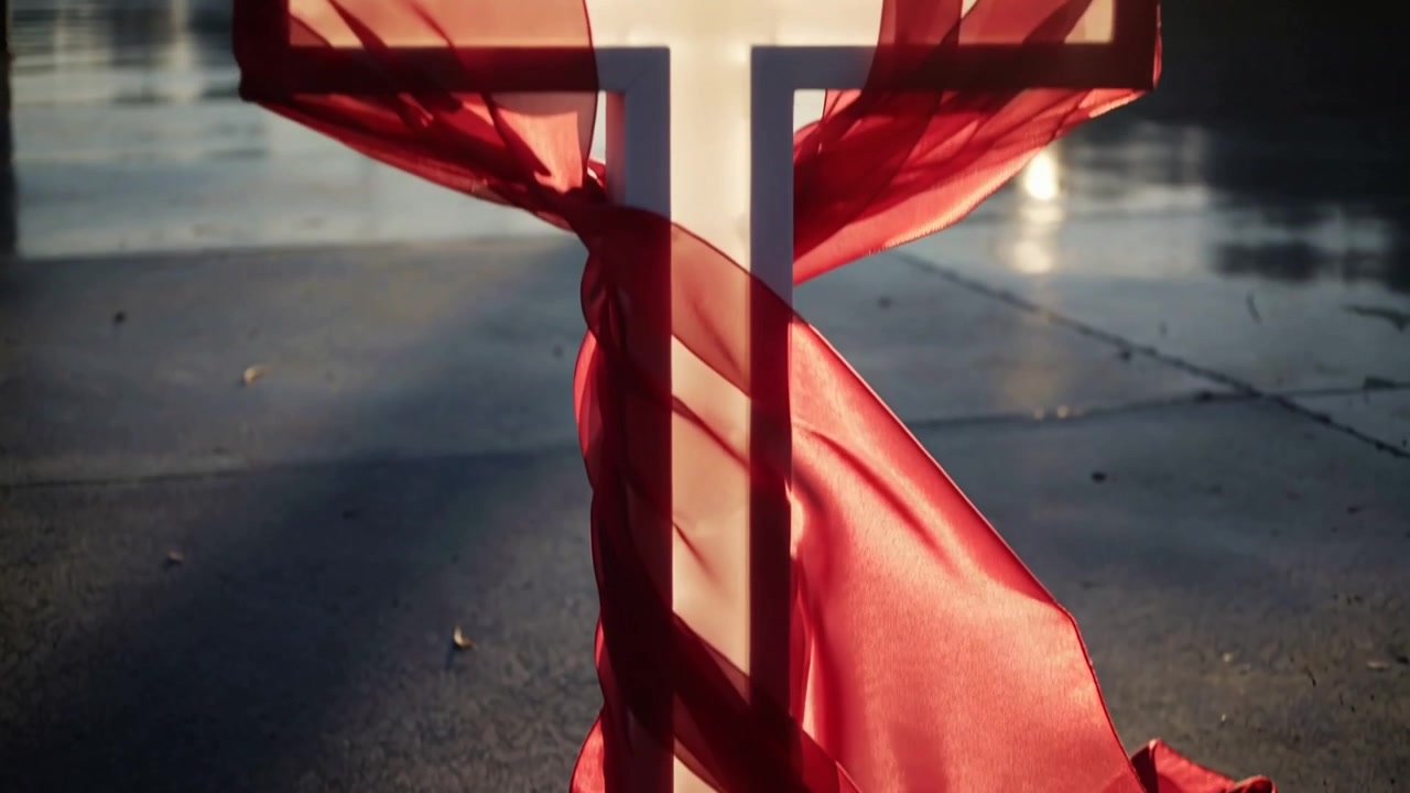 Przesuwająca się półprzezroczysta czerwona tkanina zsuwająca się z ramion krzyża pod wpływem lekkiego wiatru na brukowanym placu, układająca się w fałdy.