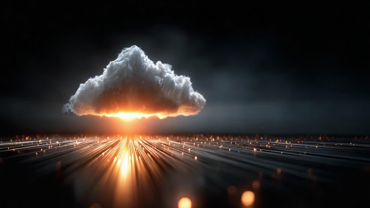 A dramatic scene of a luminous cloud hovering above a glowing landscape, radiating an intense orange light and creating a powerful visual impact with shimmering particles in the foreground