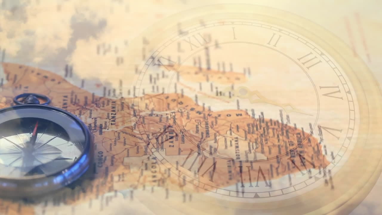 Animation of antique clock face overlaying vintage world map with magnifying glass