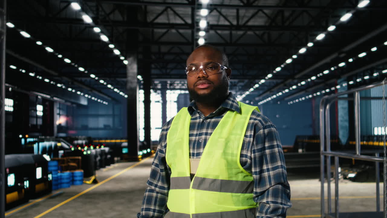 Engineer in safety hi vis vest uses tools in a fabrication workshop