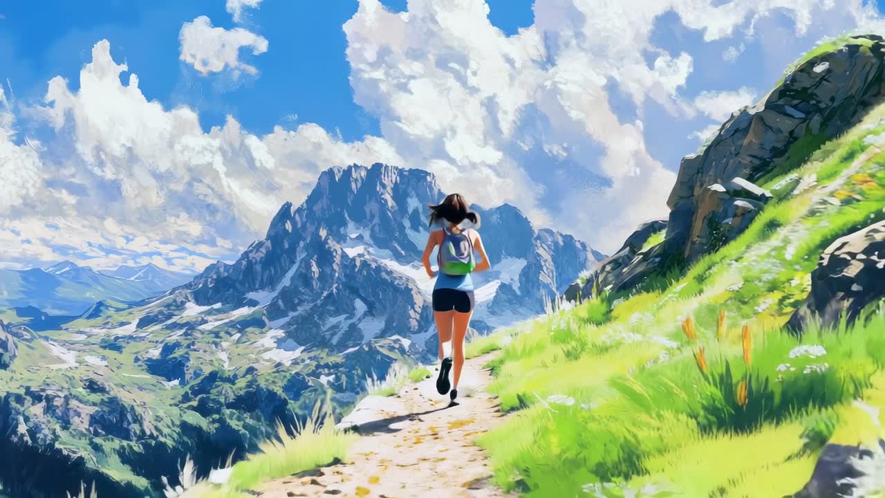 A vibrant video concept of a woman running on a mountain trail