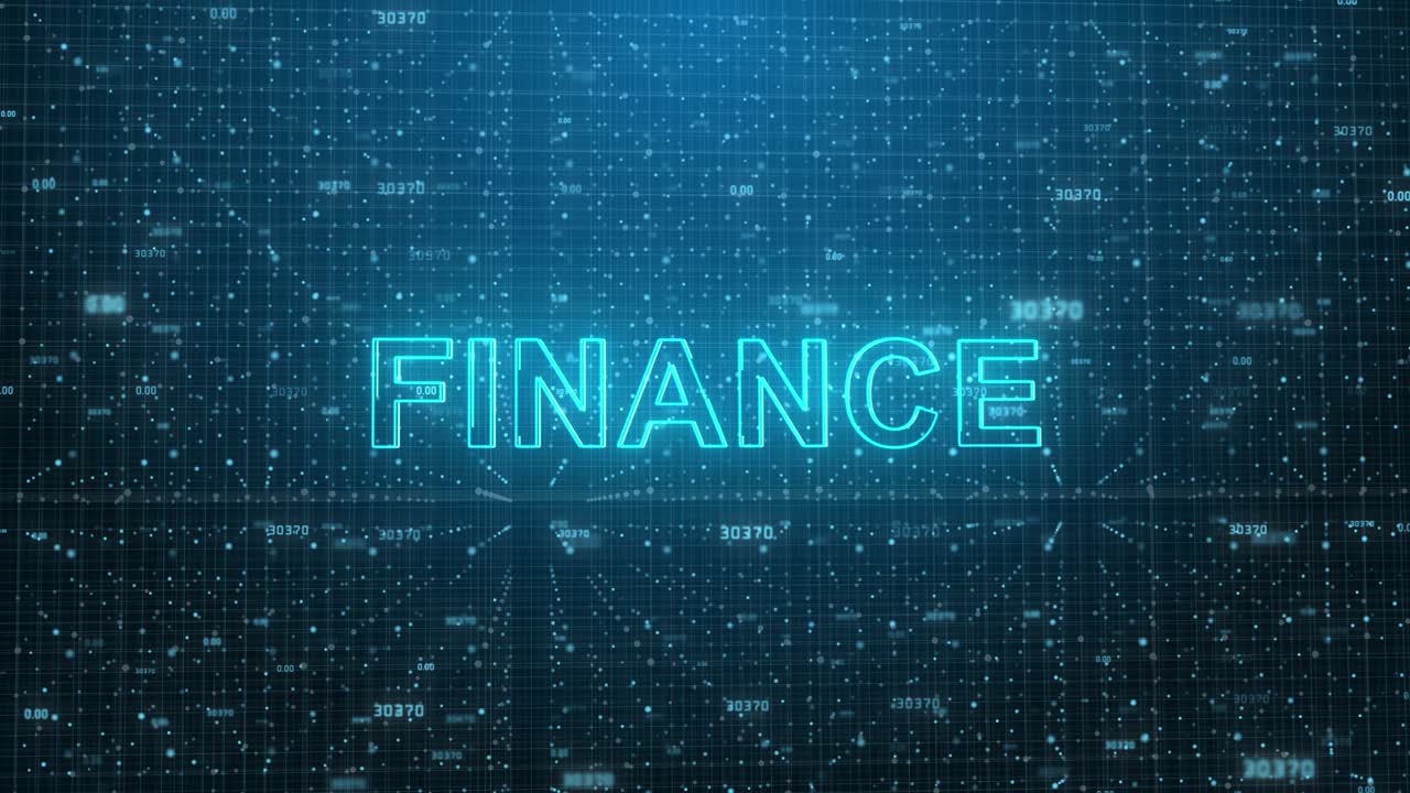 Leuchtender Finanz-Text auf abstraktem digitalem Gitterhintergrund