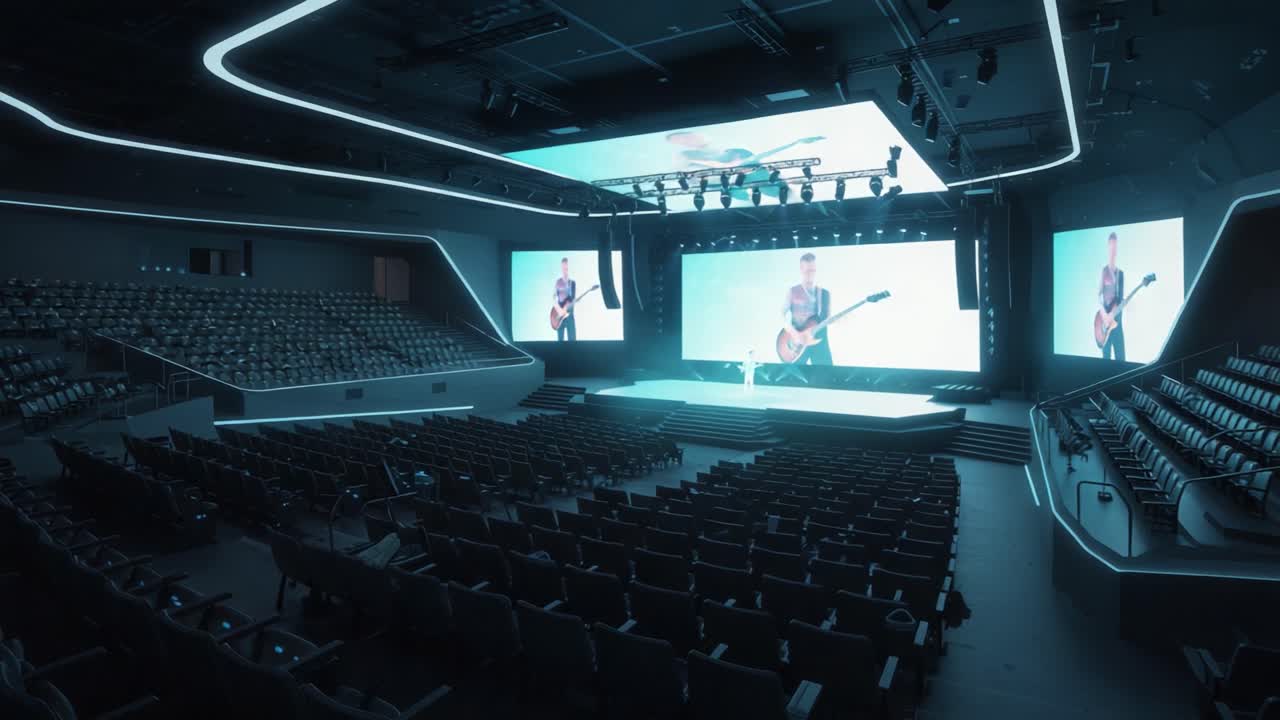 A Dynamic Concert Performance Stage with LED Screens and Modern Design, Showcasing a Musician Playing Guitar in an Engaging Setting