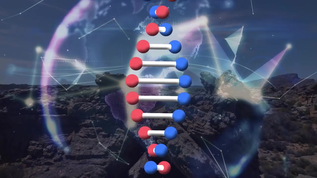 Animazione di un globo e di un filamento di DNA su un paesaggio.