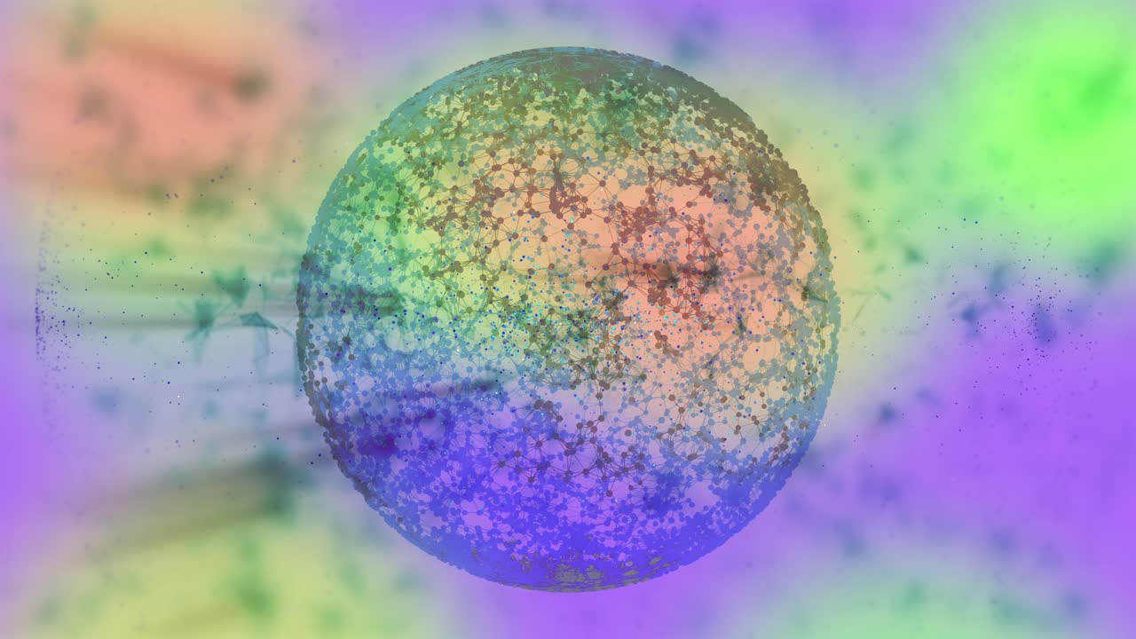 추상적인 다채로운 모션 배경은 보케 입자들 사이에서 회전하는 플렉서스 조명 구를 가지고 있습니다.