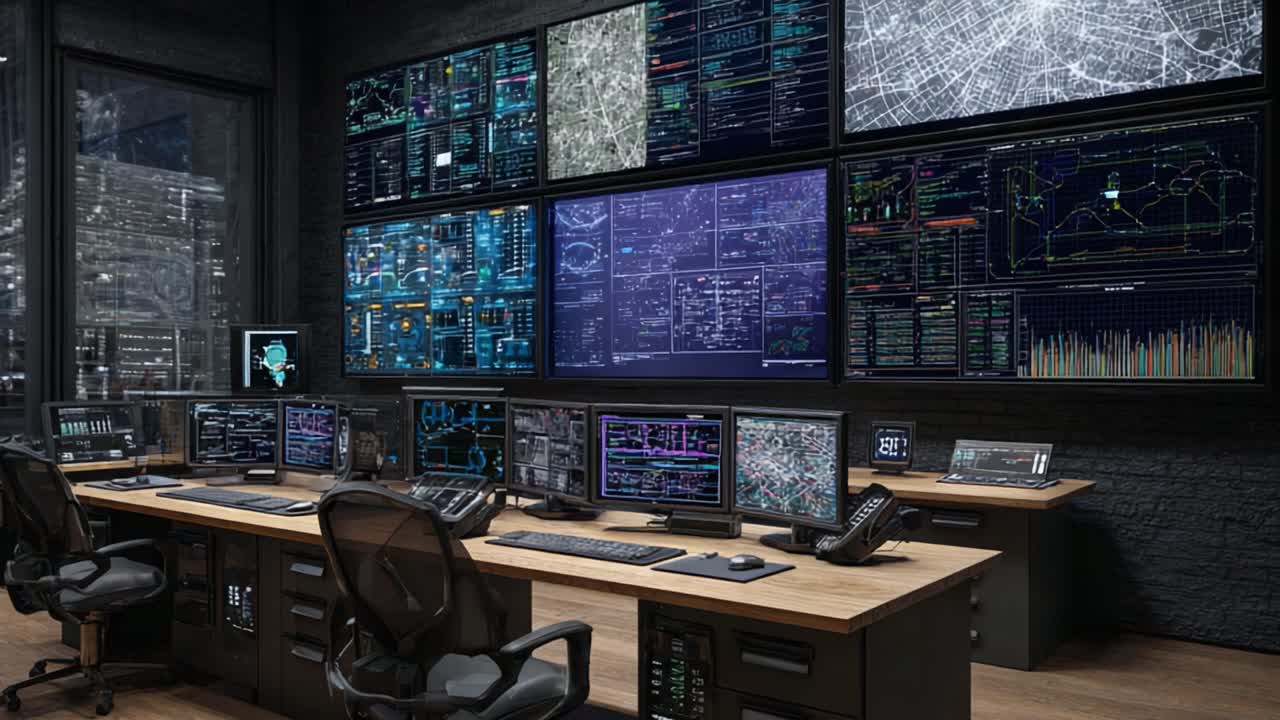 Una sala di controllo ad alta tecnologia con numerosi schermi avanzati che mostrano analisi dei dati e interfacce digitali in un ambiente moderno