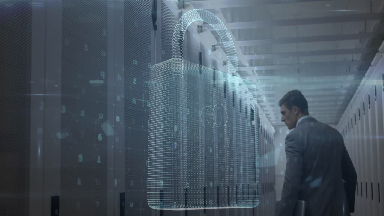 Animazione di elaborazione dati su server informatici e un uomo d'affari caucasico.