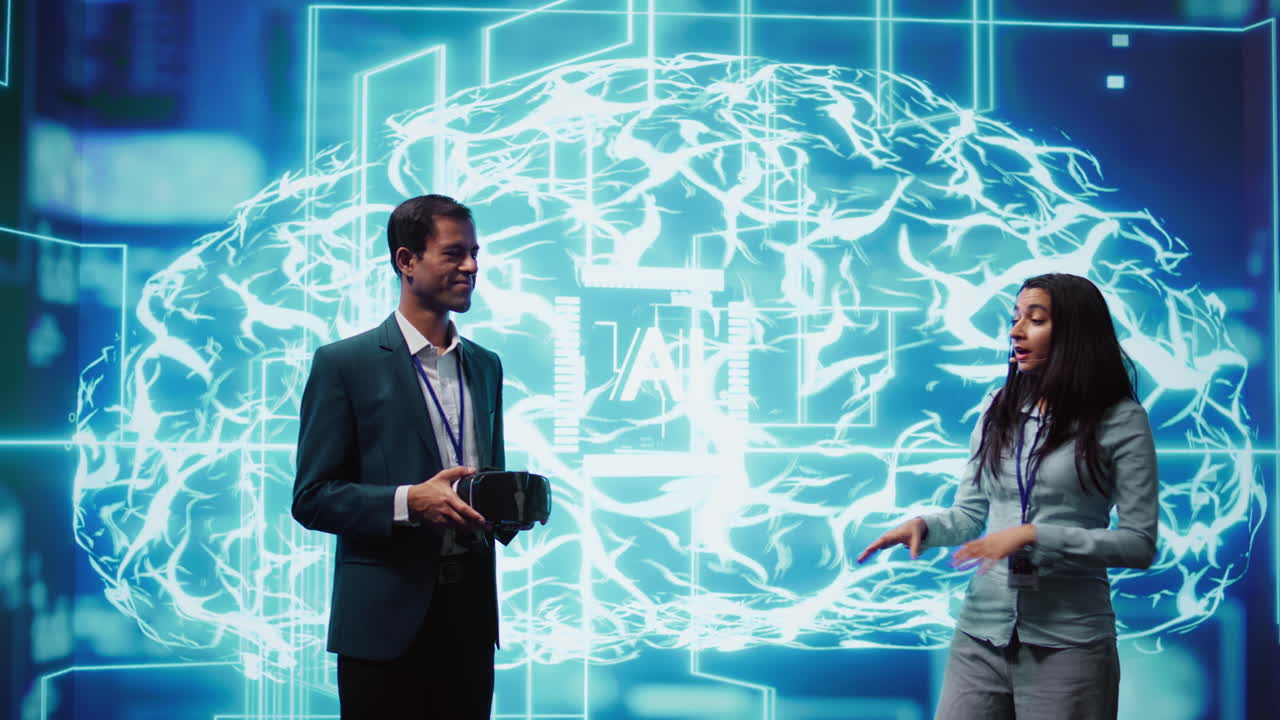 Tech experts presenting VR headset and AI tech during summit presentation