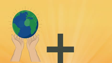 Animation-of-globe-with-hands-and-cross-on-yellow-background