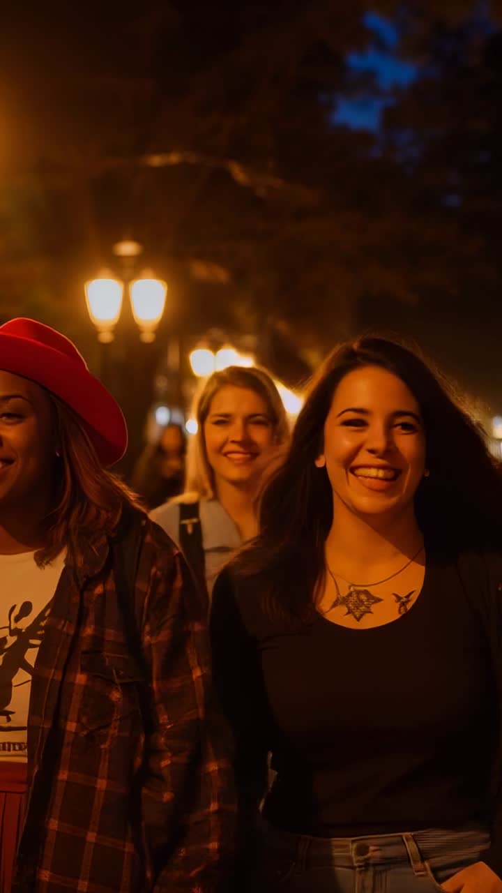 Video verticale: donna che cammina guidando degli amici lungo un sentiero illuminato, con cappello rosso e luci a stringa