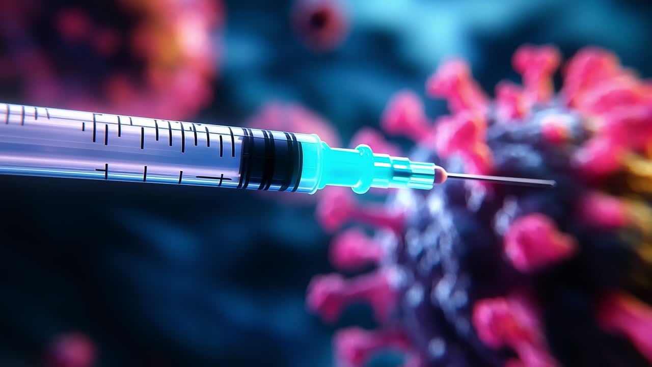 Syringe near COVID particles. A detailed representation of a syringe ready to administer a vaccine, aimed at fighting coronavirus particles.
