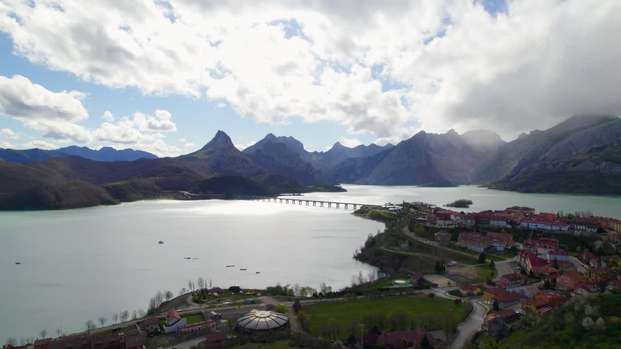 Village of Ria&ntilde;o in the province of Castilla y Leon in Spain, situated on a water reservoir in the Cantabrian mountain range