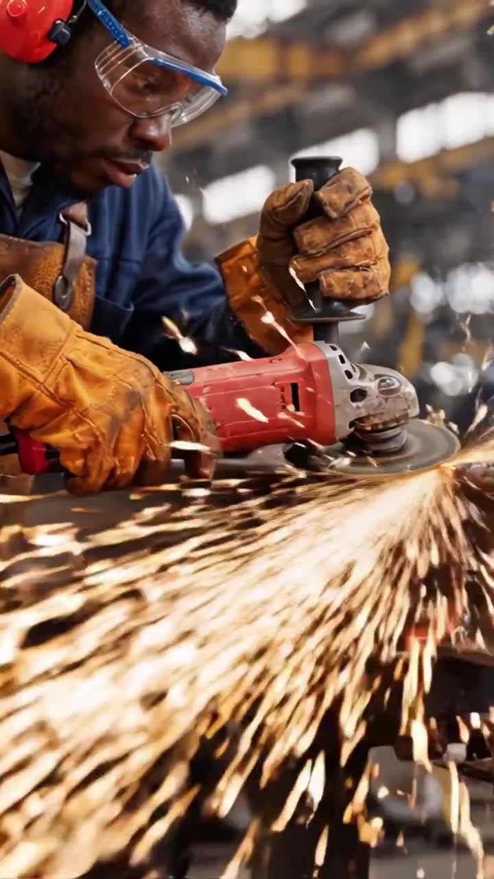 Um Trabalhador Qualificado Utilizando uma Ferramenta Elétrica para Metalurgia Industrial, Criando Faíscas e Moldando Materiais em um Ambiente de Oficina Dinâmico