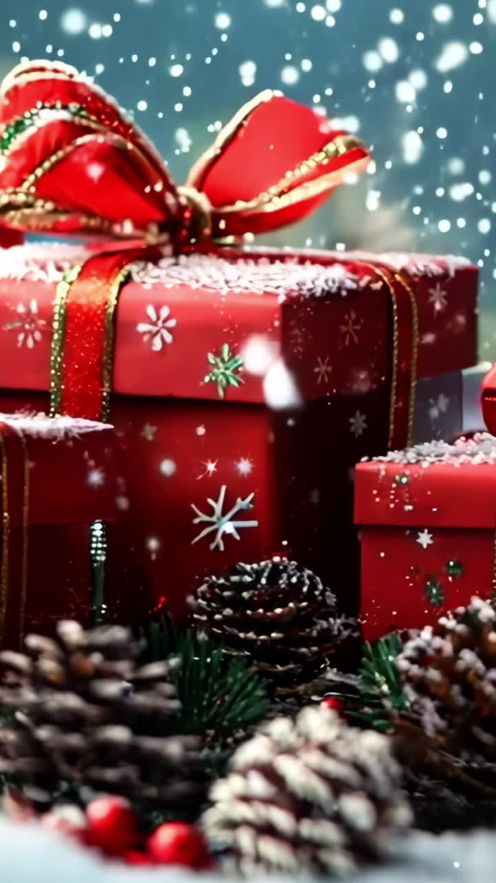 A red box with a bow on top of a pile of red boxes. The boxes are decorated with pine cones and berries. Concept of warmth and joy, as it is a representation of the holiday season