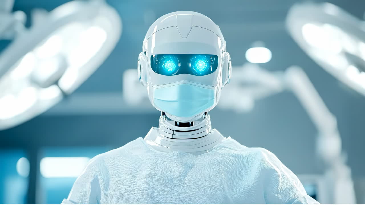 Robot aide in surgical room. A humanoid robot wearing a mask stands in a high-tech surgical room ready for a procedure