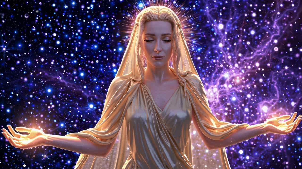 Blonde goddess wearing a shimmering golden gown, meditating serenely with open arms, surrounded by a cosmic backdrop filled with vibrant stars and ethereal nebulae