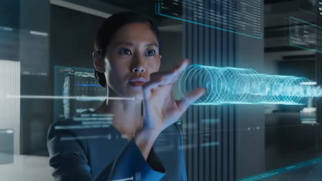 woman interacting with futuristic holographic interface