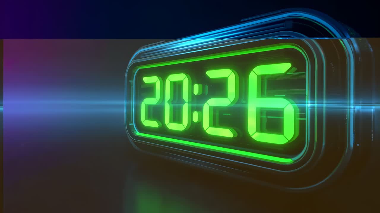 Animating LED clock reacting to blue beam changing numerals on studio floor forming neon countdown