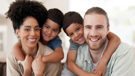 love, hugging and face of a family on a sofa