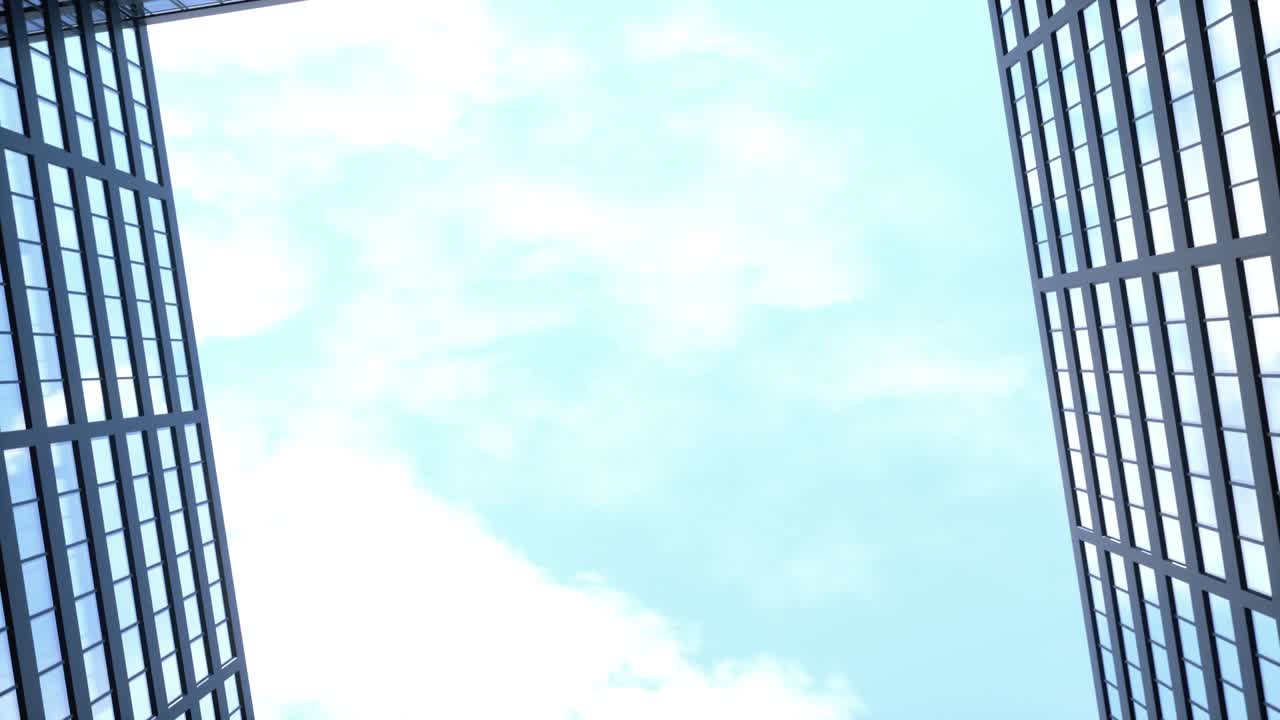 mirando hacia arriba entre los altos rascacielos de oficinas. concepto de negocio, edificios de oficinas y nubes móviles con sol en el cielo