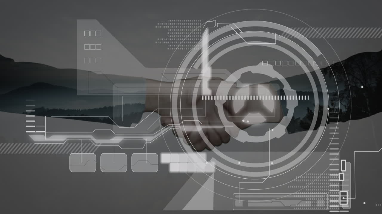 animación del procesamiento de datos sobre hombres de negocios caucásicos que se dan la mano