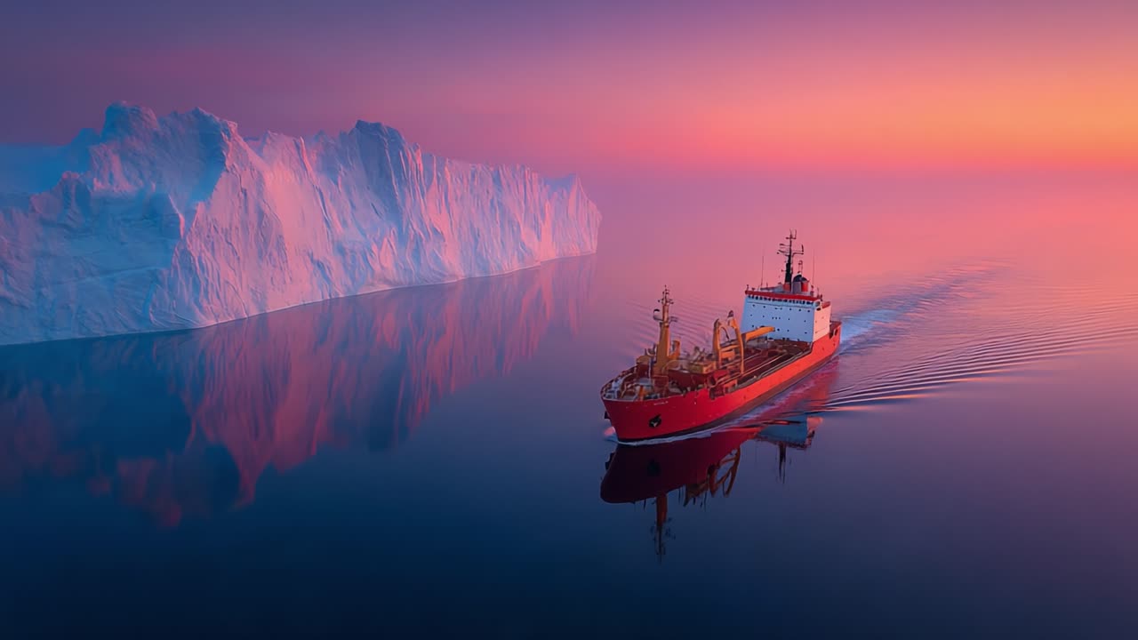 A Stunning Journey Through Icy Waters at Dawn: A Cargo Ship Navigating Serene Seas with Majestic Icebergs Reflecting the Vibrant Colors of the Sunrise