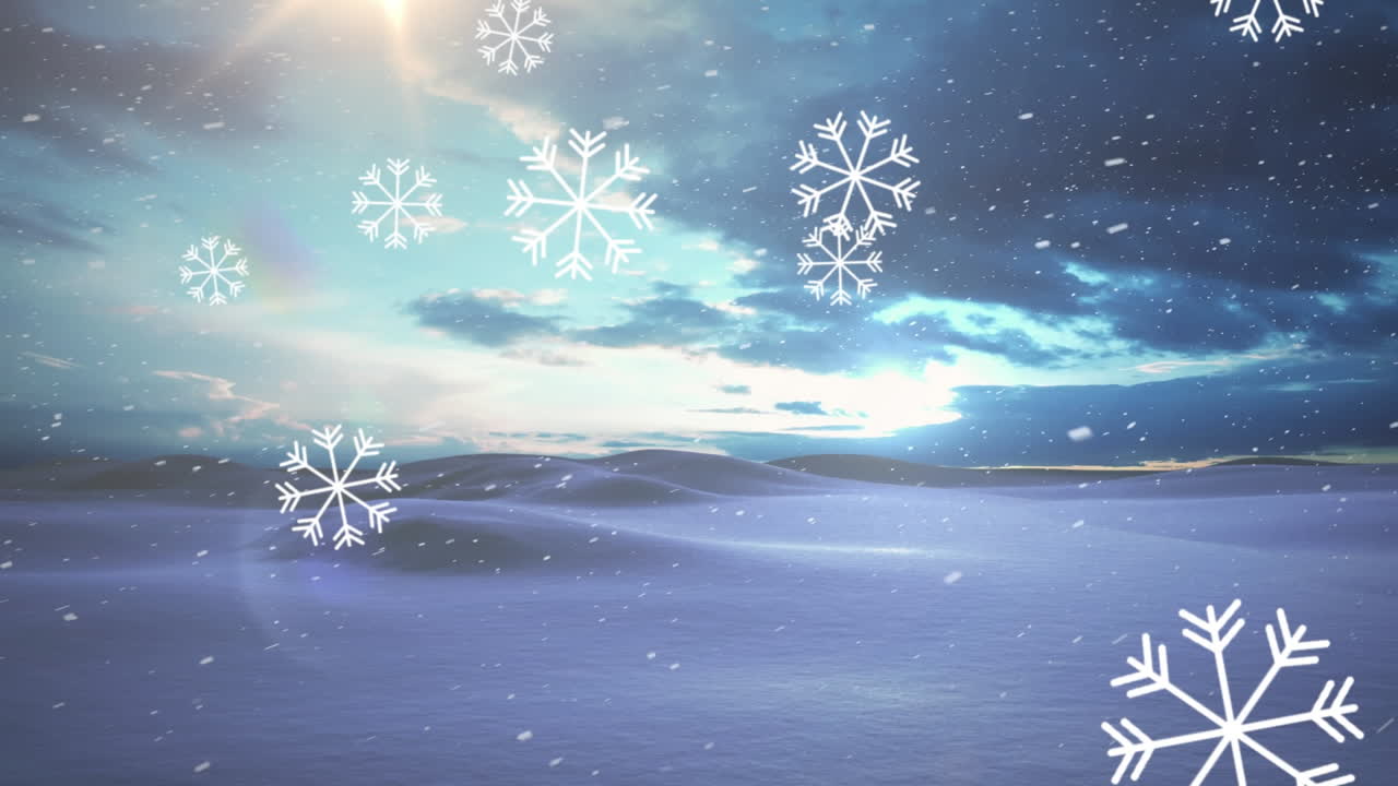 하늘의 구름에 맞서 겨울 풍경에 떨어지는 눈송이