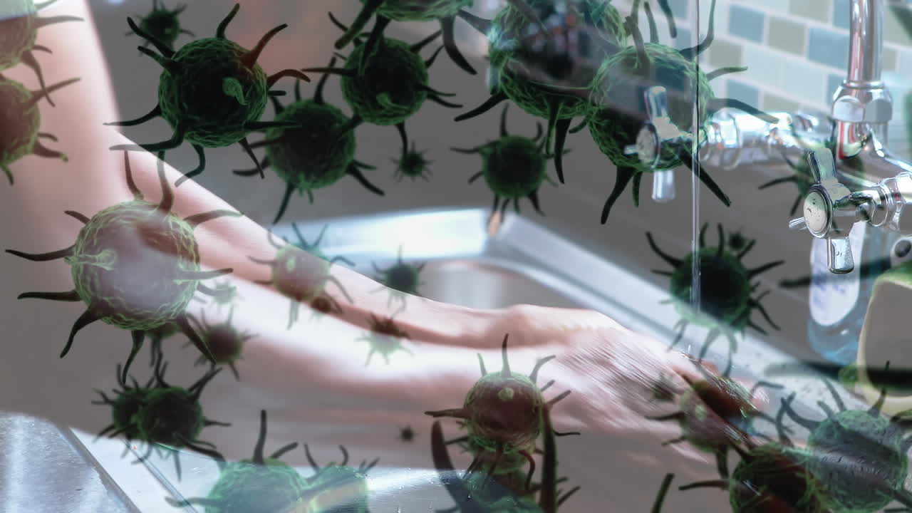 animación de células macro coronavirus covid-19 que se propagan sobre un hombre lavándose las manos en un fregadero