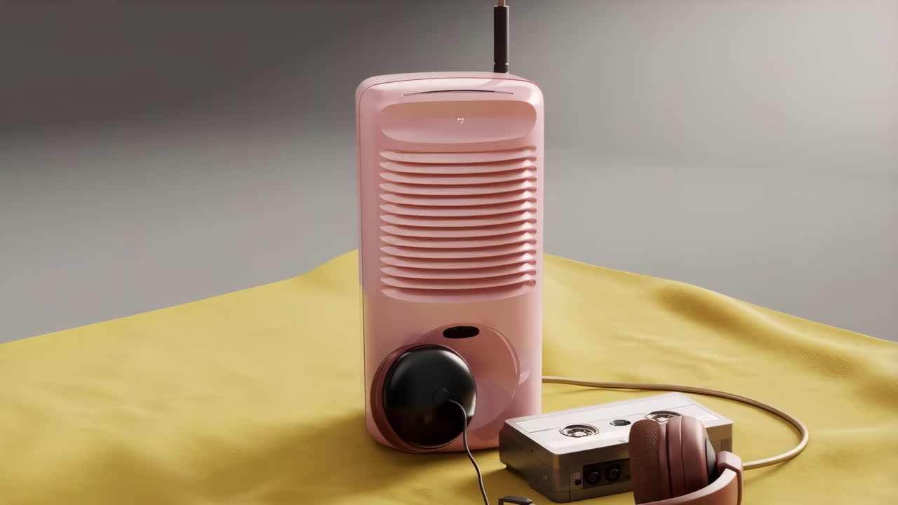 A retro pink portable radio with a cassette tape and headphones on a yellow cloth