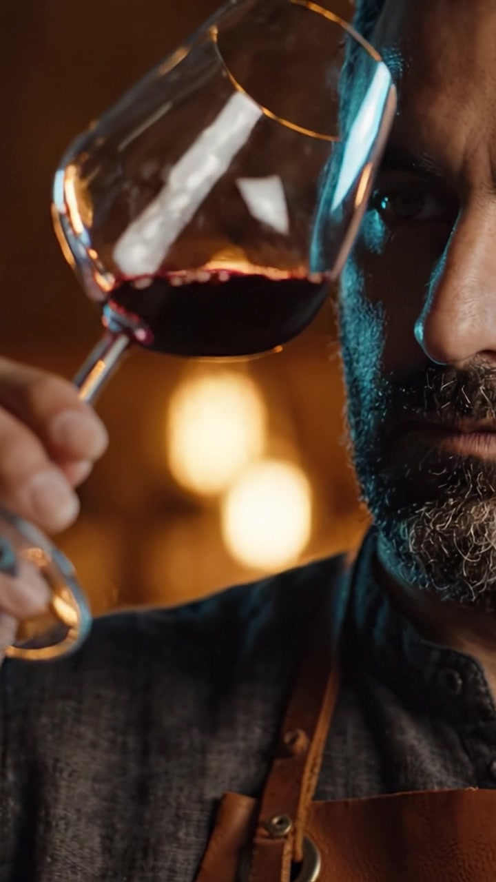 Een meestersommelier analyseert de kleur en helderheid van fijne rode wijn in een schemerige omgeving, waarbij de kunst van het wijnproeven en de expertise in elke druppel tot uiting komen.