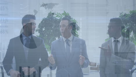 animation of data processing over diverse businessmen talking